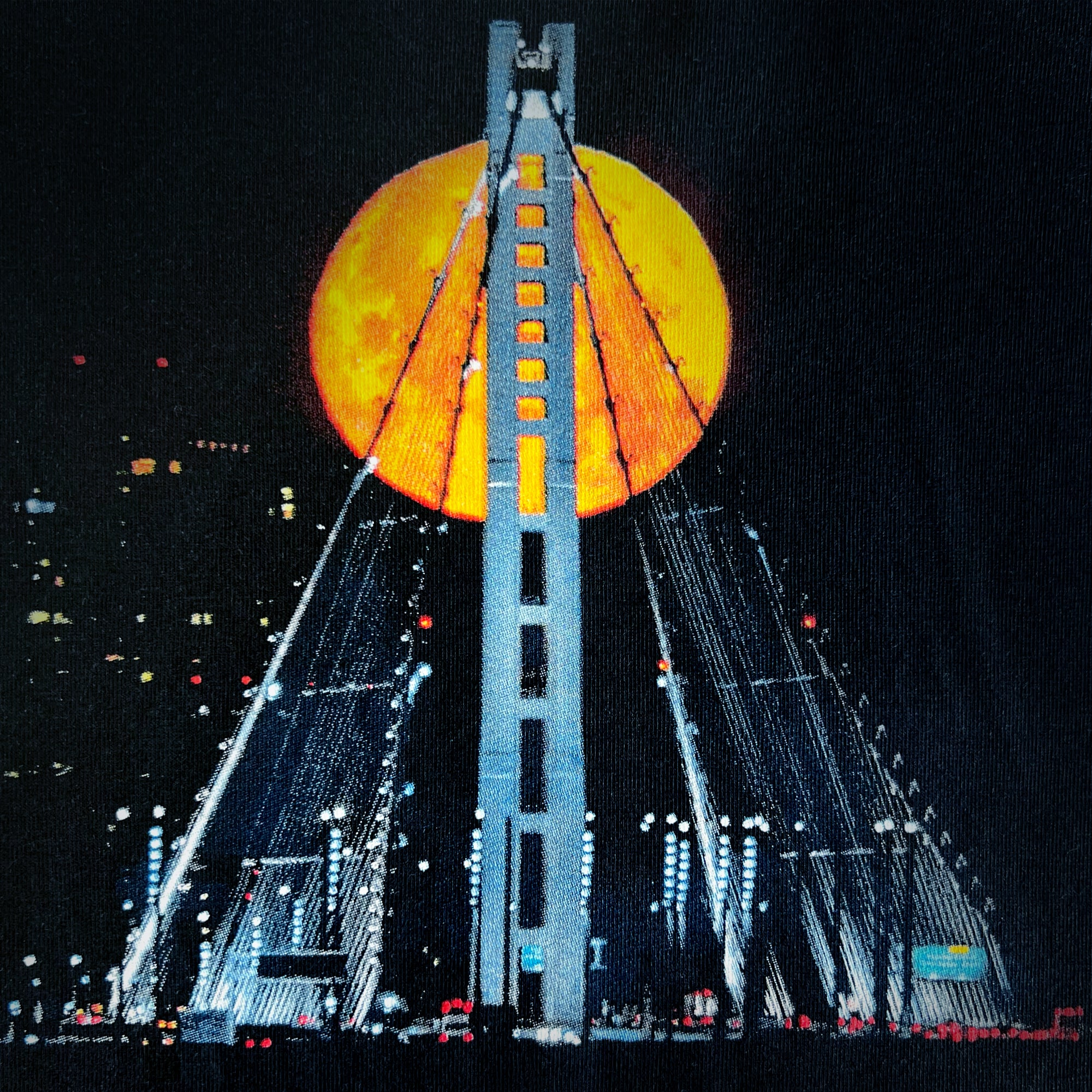 Close-up of the image of Strawberry Moon over the Oakland bridge by landscape photographer Vincent James.