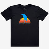 Black t-shirt with Sun Heron graphic and Oakland California wordmark.