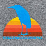Close up image back print of Sun Heron graphic on Athletic Gray t-shirt