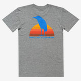 Large back print of Sun Heron graphic on Athletic Gray t-shirt.
