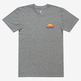 Athletic grey t-shirt with small left chest Sun Heron graphic.