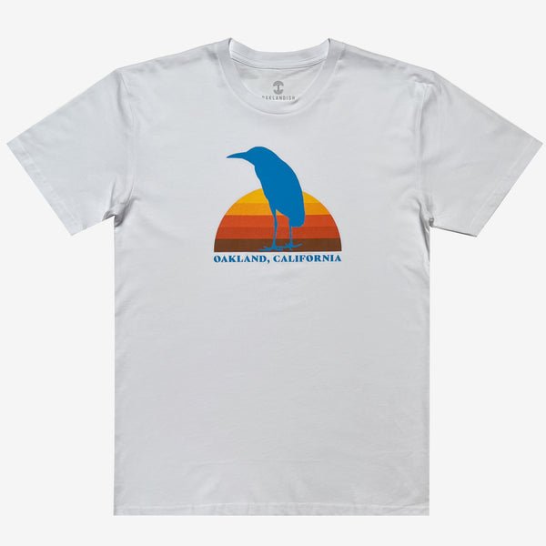 White t-shirt with Sun Heron graphic with Oakland California.