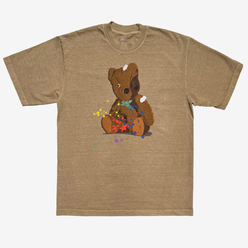 Mushroom brown t-shirt with graphic of an artistically painted battered teddy bear with yellow and red paint splatter.
