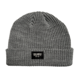Short cuffed beanie, ribbed knit in athletic heather grey, with Oaklandish square patch on the front cuff.