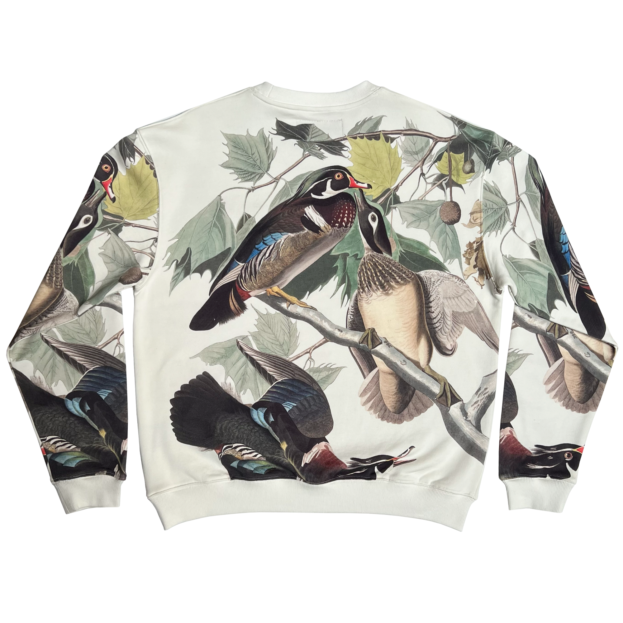 The backside of ducks all over print on cream crewneck Oaklandish sweatshirt.