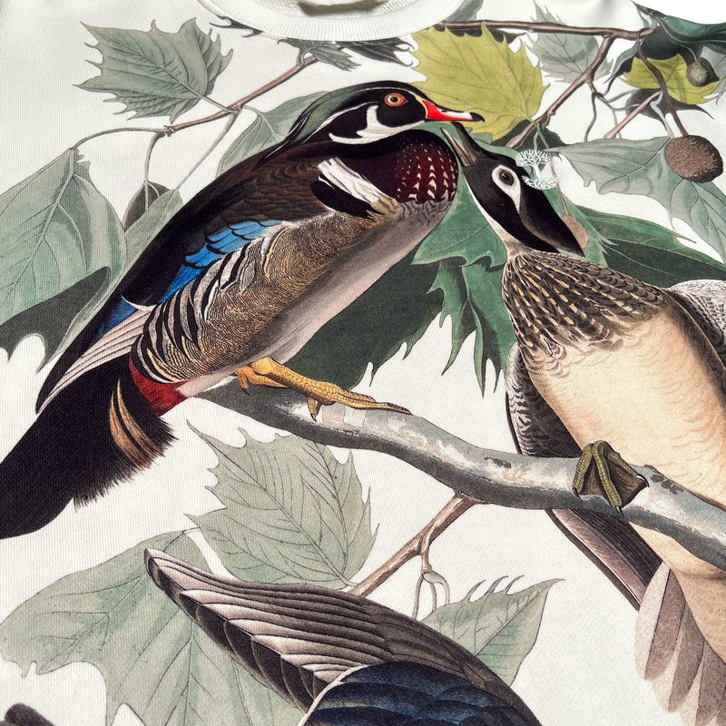 Detailed close up of wood duck all over print on cream crewneck sweatshirt with Oaklandish tree logo embroidered on left chest.