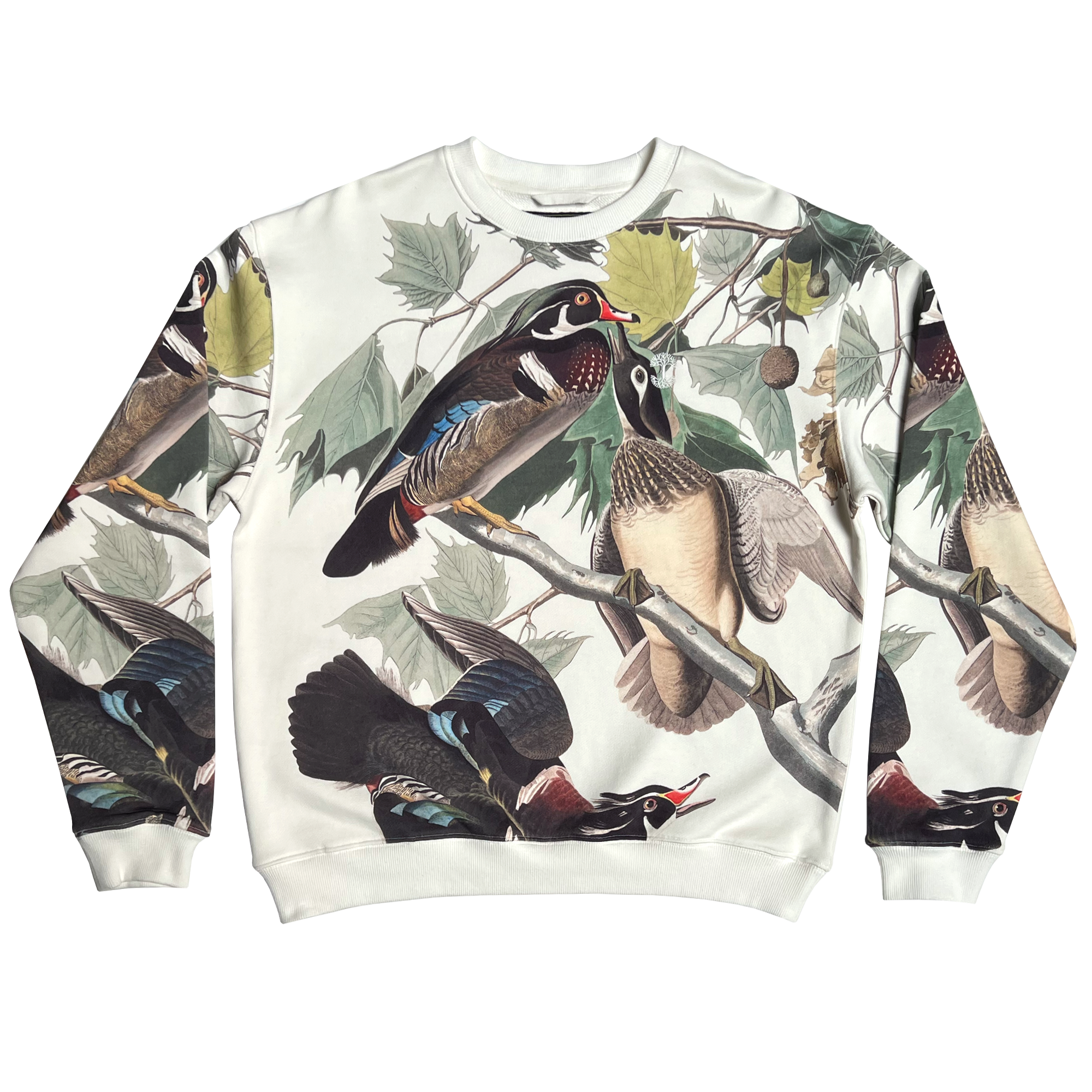 Wood ducks all over print on cream crewneck sweatshirt with Oaklandish tree logo embroidered on wearer's left chest.