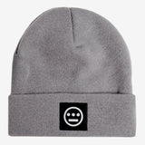 Grey cuffed beanie with black and white hiero hip-hop logo patch on the cuff.