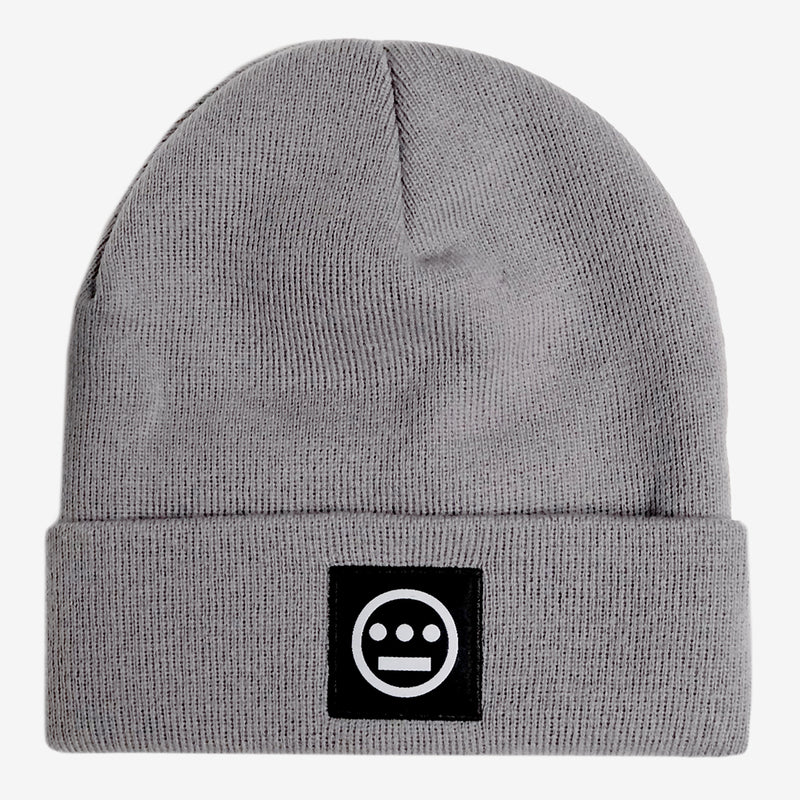 Grey cuffed beanie with black and white hiero hip-hop logo patch on the cuff.