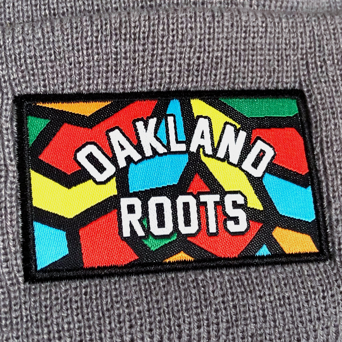 Close up of full-color Roots SC mosaic logo on a dark grey cuffed beanie.