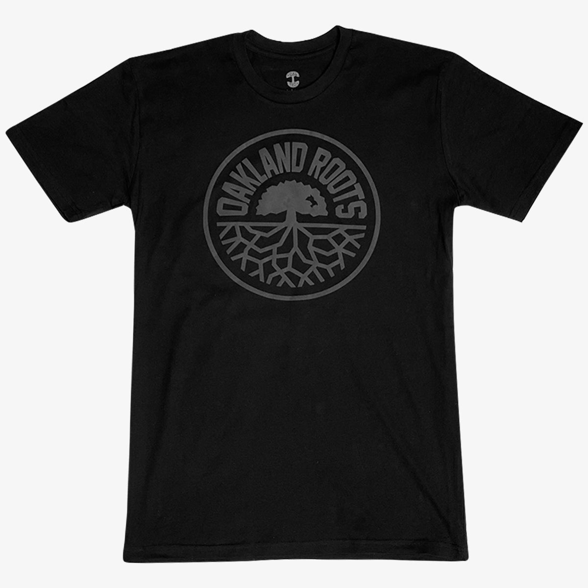 Black t-shirt with full circle black Roots SC logo.