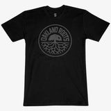 Black t-shirt with full circle black Roots SC logo.