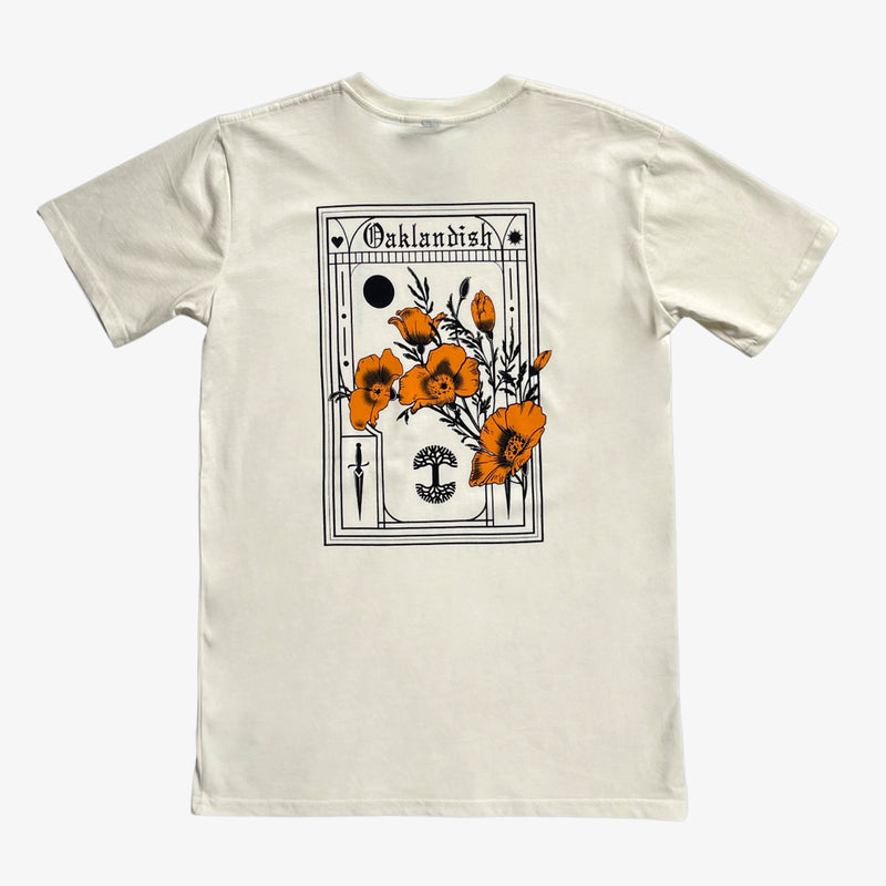 The back side of a natural-color cotton t-shirt with a design featuring California poppies, Oaklandish wordmark, and tree logo.