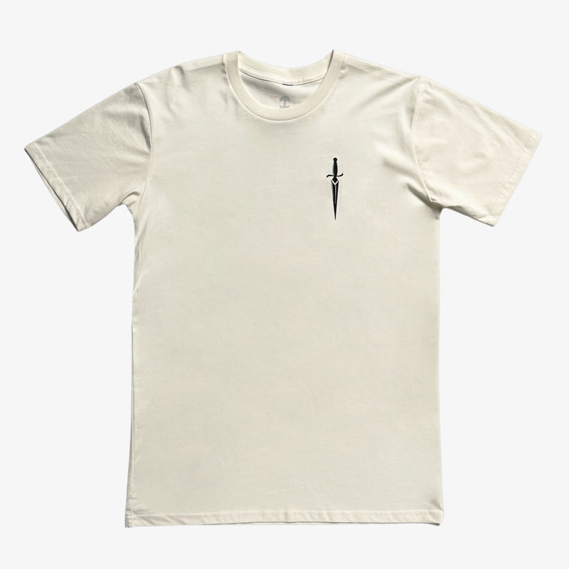 The front side of a natural cotton t-shirt with a sword graphic on the chest.
