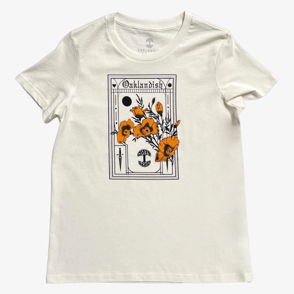 Women’s natural cotton t-shirt with California poppies, an Oaklandish wordmark, and tree logo. 