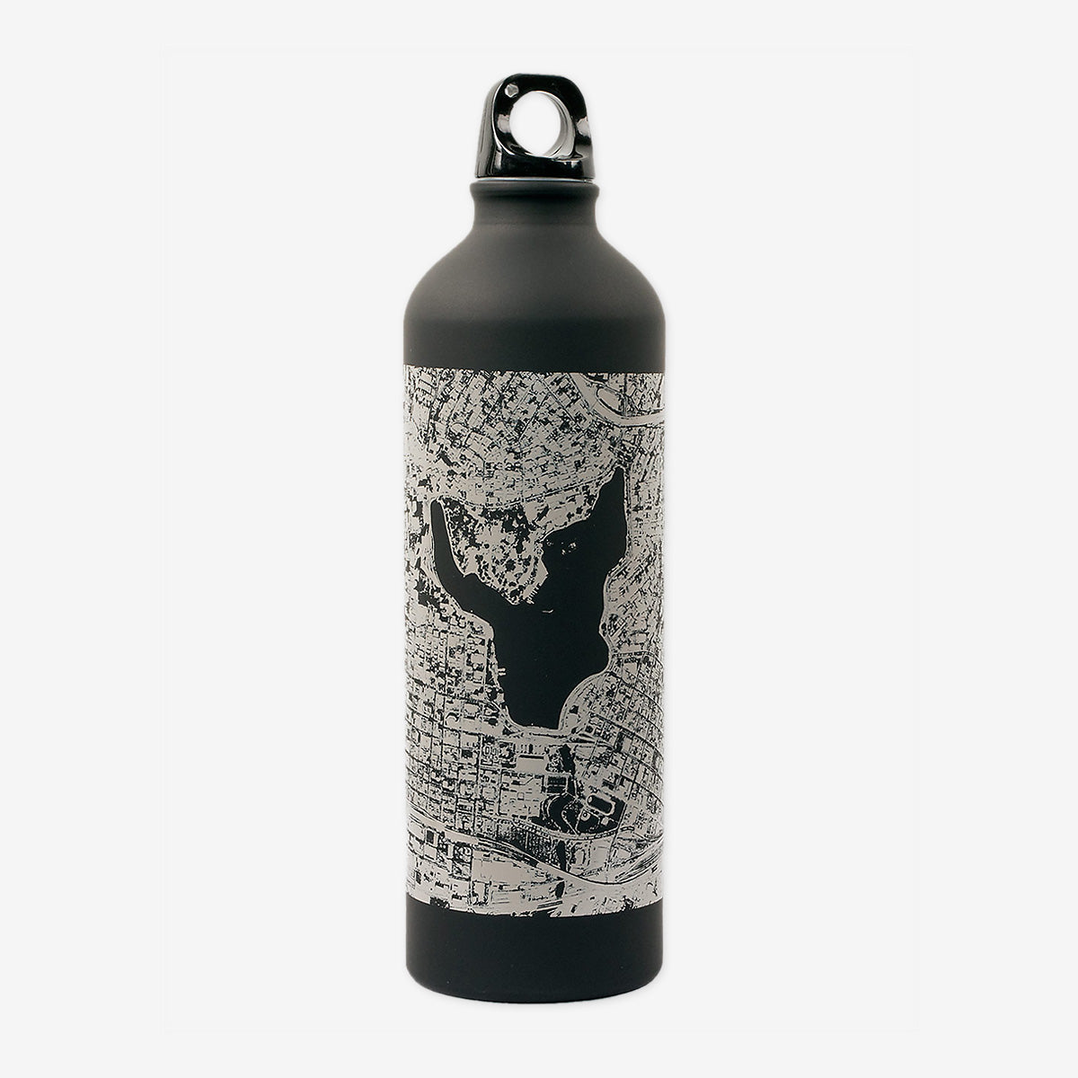 A black water bottle imprinted with an aerial view of a map of Oakland and threaded screw on top with a finger ring.