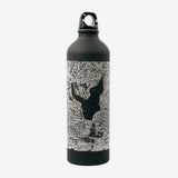 A black water bottle imprinted with an aerial view of a map of Oakland and threaded screw on top with a finger ring.