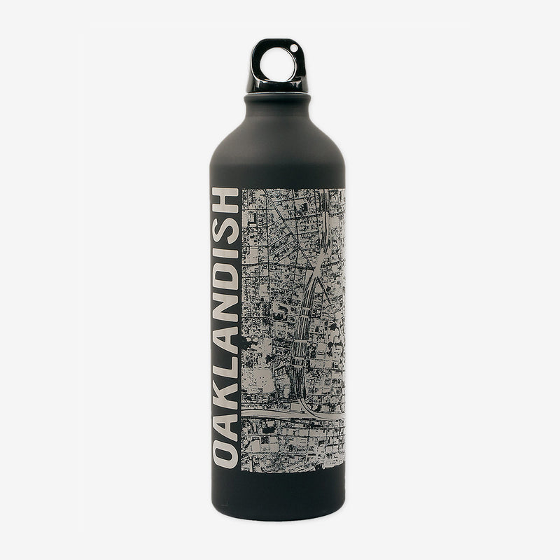 A black water bottle imprinted with an aerial Oakland map and Oakland wordmark, with screw top. 