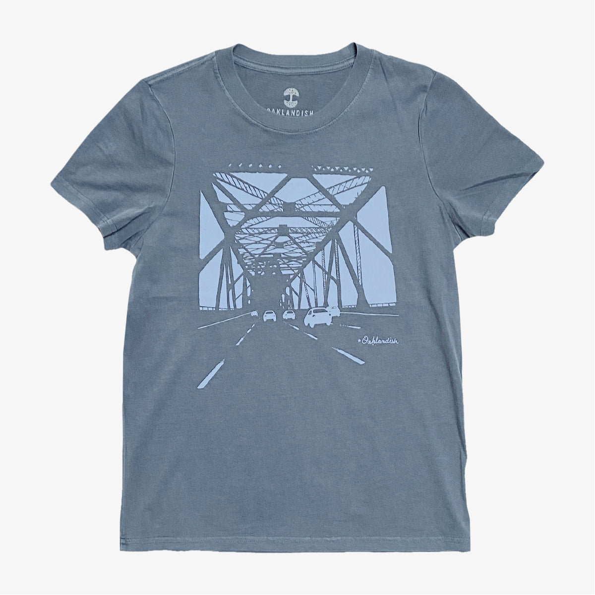 Faded blue women’s t-shirt with a graphic of the eastern span of Oakland bridge.