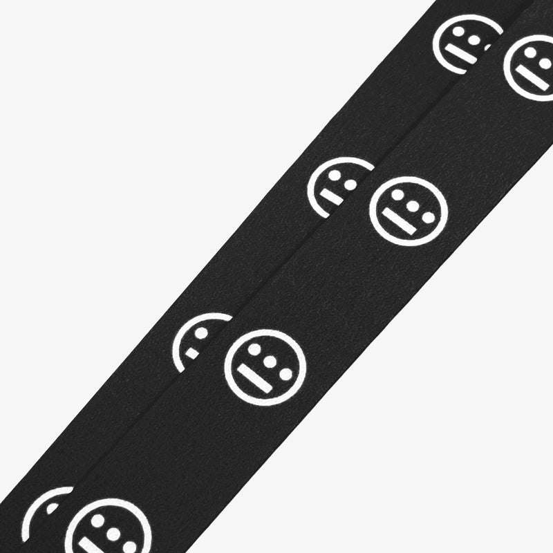 Detailed white Hieroglyphics hip-hop logo on repeat on a black lanyard. 