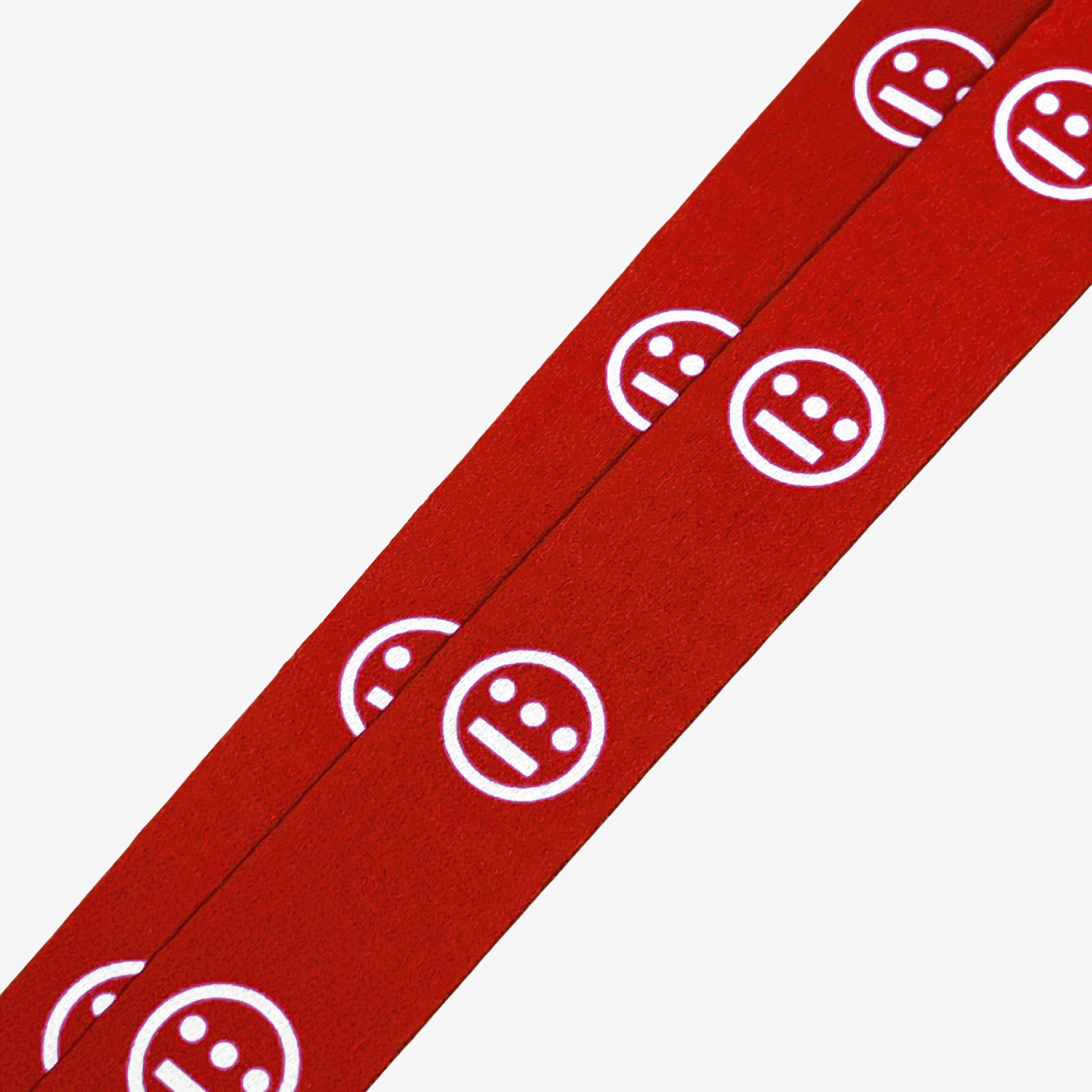 Detailed close-up of white Hieroglyphics hip-hop logo on repeat on a red quick release lanyard. 