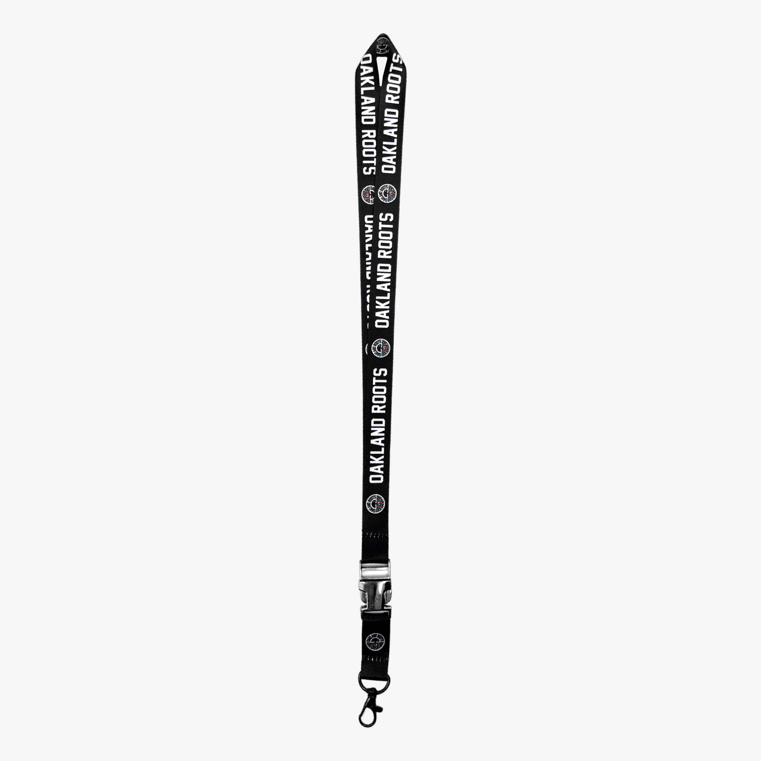 Black lanyard with white Roots SC word mark and color circle logo on repeat with a detachable clip.
