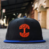 Black New Era 59FIFTY fitted black cap, with red embroidered Oaklandish logo and blue bill sitting on Oakland street.