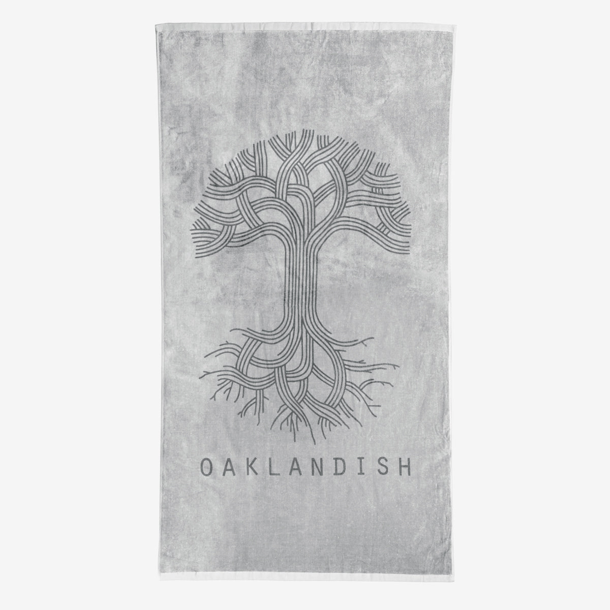 Plush beach towel in silver grey with classic Oaklandish logo and wordmark.