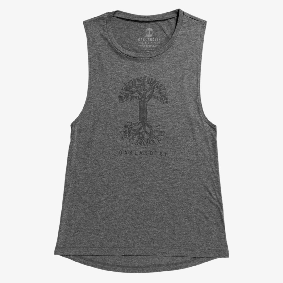 Grey women’s cut tank top with black classic Oaklandish tree logo and wordmark on chest.