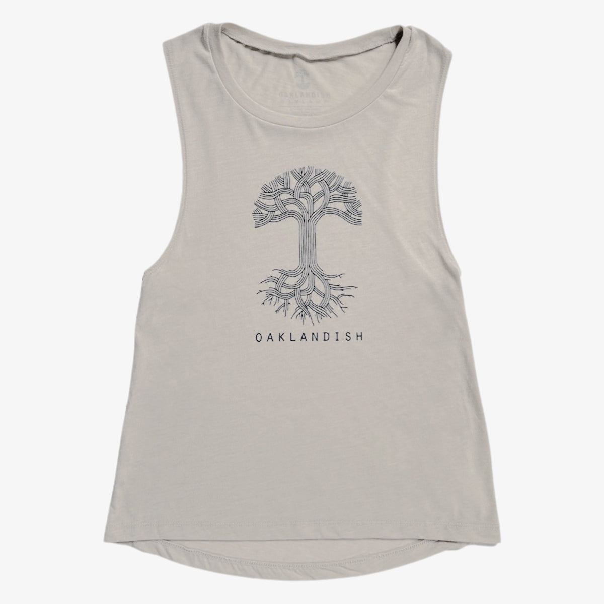 Heather dust women’s cut tank top with black classic Oaklandish tree logo and wordmark on chest.