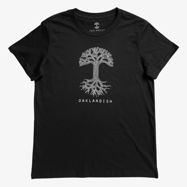 Black women’s cut tee with white classic Oaklandish tree logo and wordmark on chest.