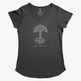 Women’s cut coal grey t-shirt with scoop neck and Oaklandish tree logo and wordmark on the chest.