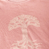 Close up of Oaklandish tree logo on women’s cut rose pink t-shirt.