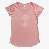 Women’s cut rose pink t-shirt with scoop neck and Oaklandish tree logo and wordmark on the chest.