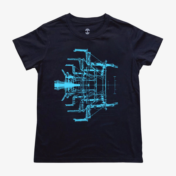 Close up of aqua cranes graphic on a navy blue women’s t-shirt.