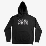 Black hooded sweatshirt with OAK in capital letters with a photo of Oakland cranes in each letter.