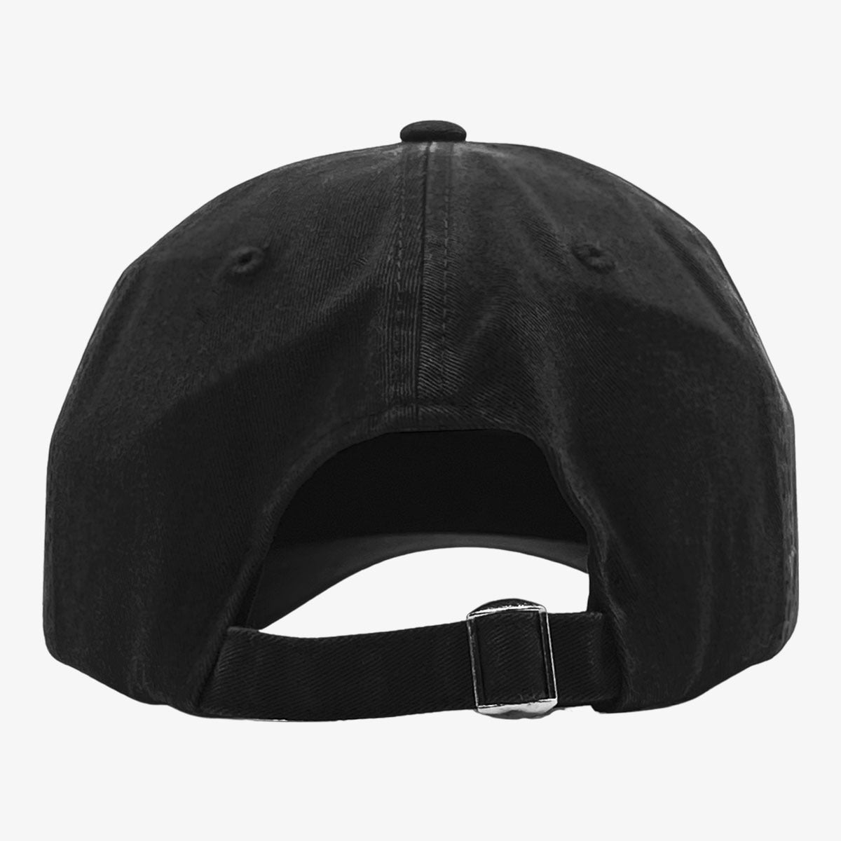 The back side of a black dad cap with an adjustable strap back closure.