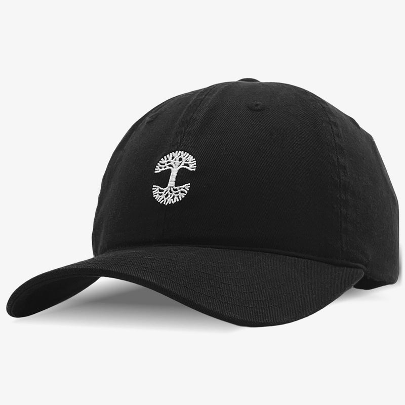 Black cotton dad cap with micro white embroidered Oaklandish tree logo. 