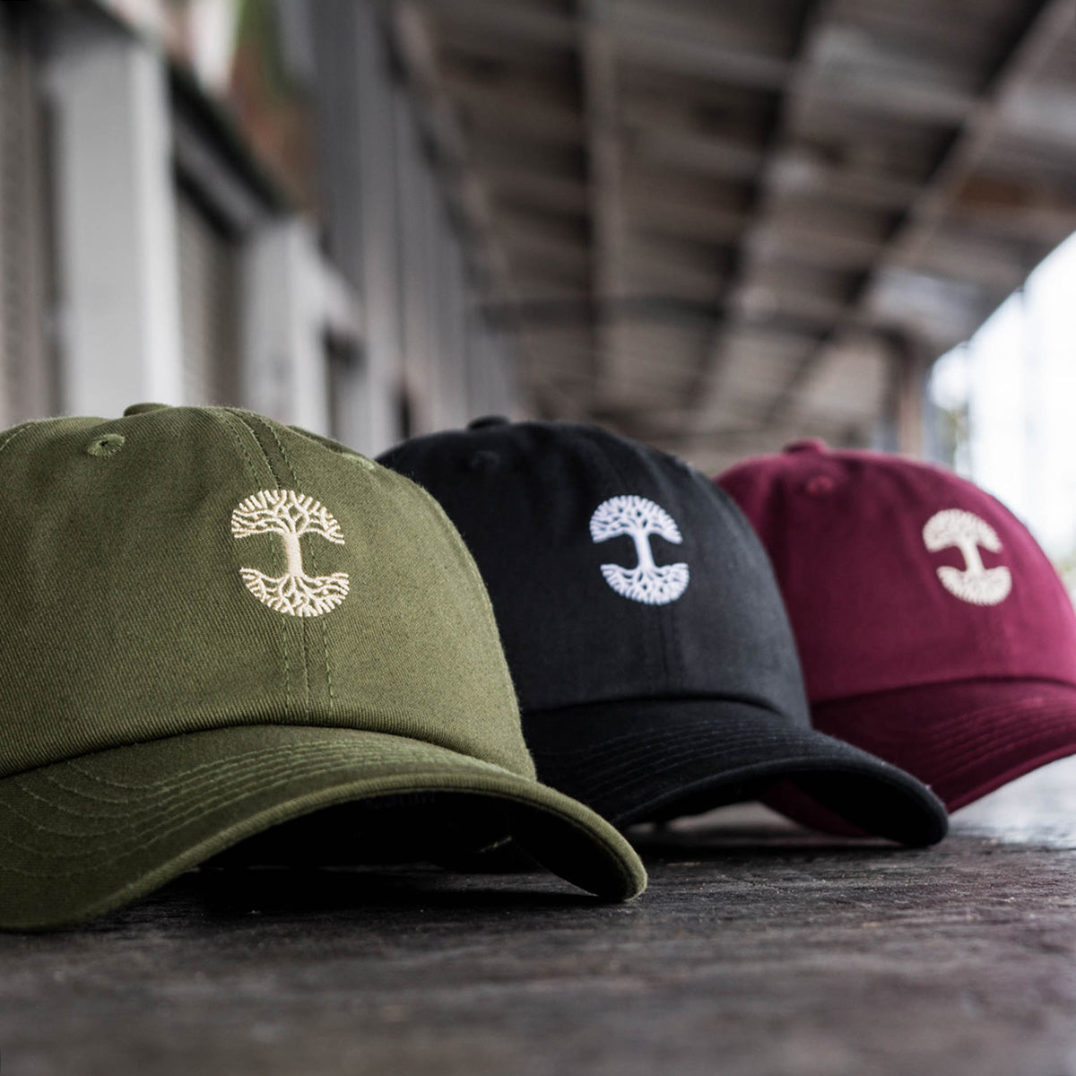 Three Micro Logo Dad Hats from Oaklandish are lined up on a surface. These caps come in olive green, black, and maroon, each featuring adjustable strap backs. The setting appears to be an urban or industrial environment with metal beams and windows in the background, slightly out of focus.