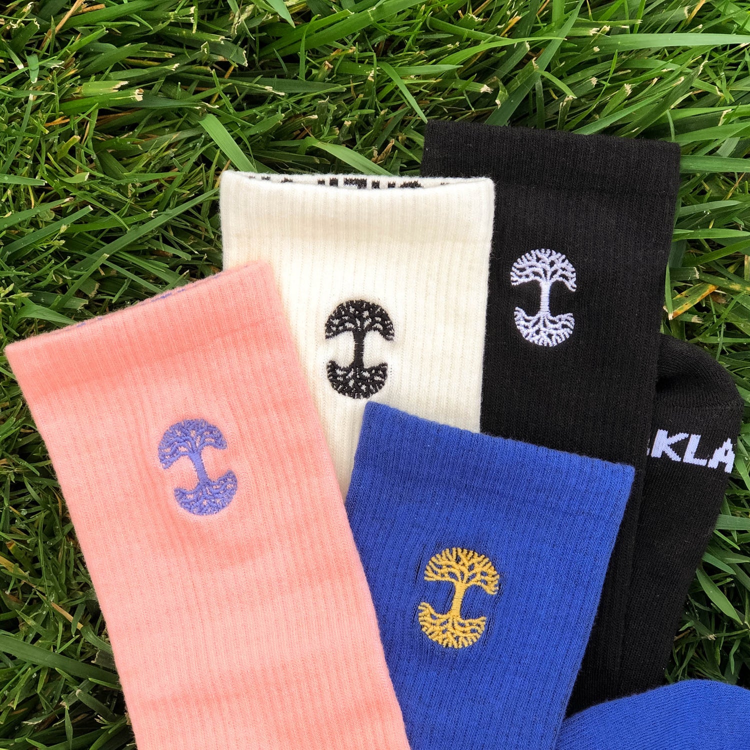 A collection of Oaklandish Embroidered Logo Socks is scattered on a green grass background. The socks are in pink, white, black, and blue, each featuring a unique embroidered symbol resembling either a tree or mushroom in various colors. The word "KLA" is partly visible on the edge of one of the black crew socks.
