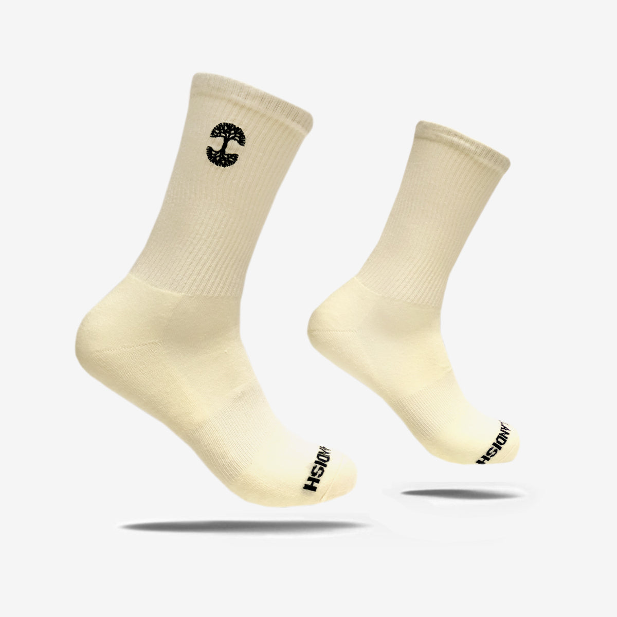 High-cut men's cream crew socks with black embroidered Oaklandish logo at the top & Oaklandish wordmark on toes.