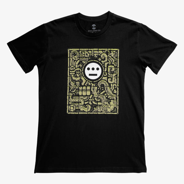 Black and white Hieroglyphics hip hop logo on a carved gravestone on an black t-shirt.