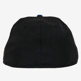 Backside of a black, fitted New Era cap.