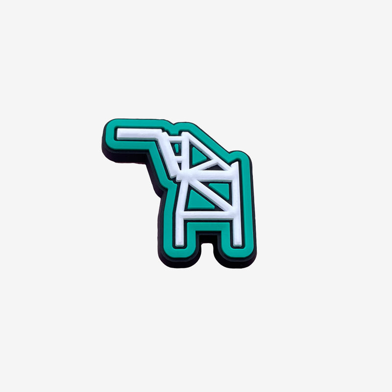 Shoe charm with an Oakland crane outlined in white on a green background.