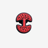 Red and black Oaklandish tree logo shoe charm. 