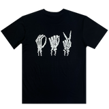 The backside of a black t-shirt with skeletal bone hands signing 'OAK' in white puff ink.