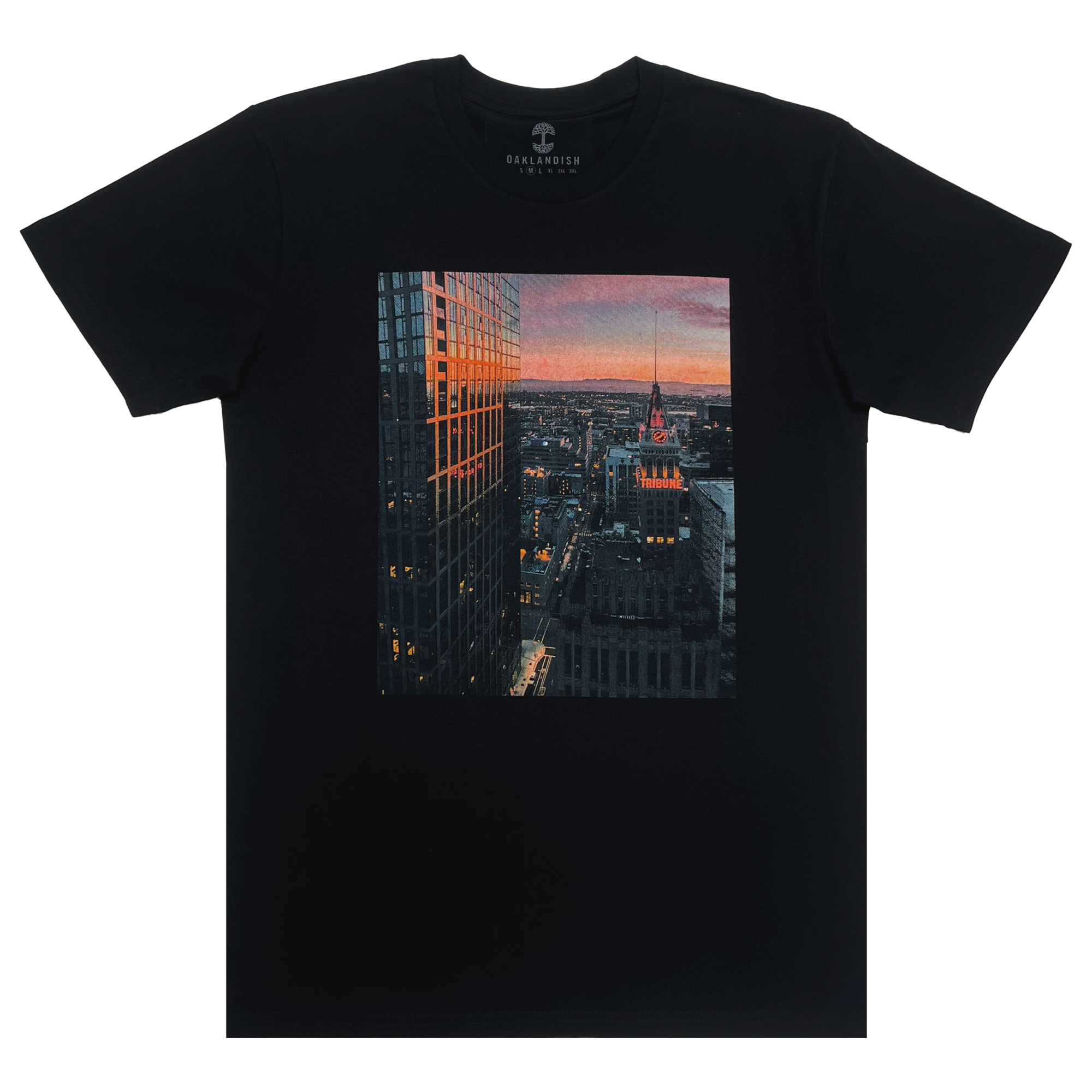 Black t-shirt with Vincent James photography image of the Oakland Tribune building and the Downtown Oakland landscape.