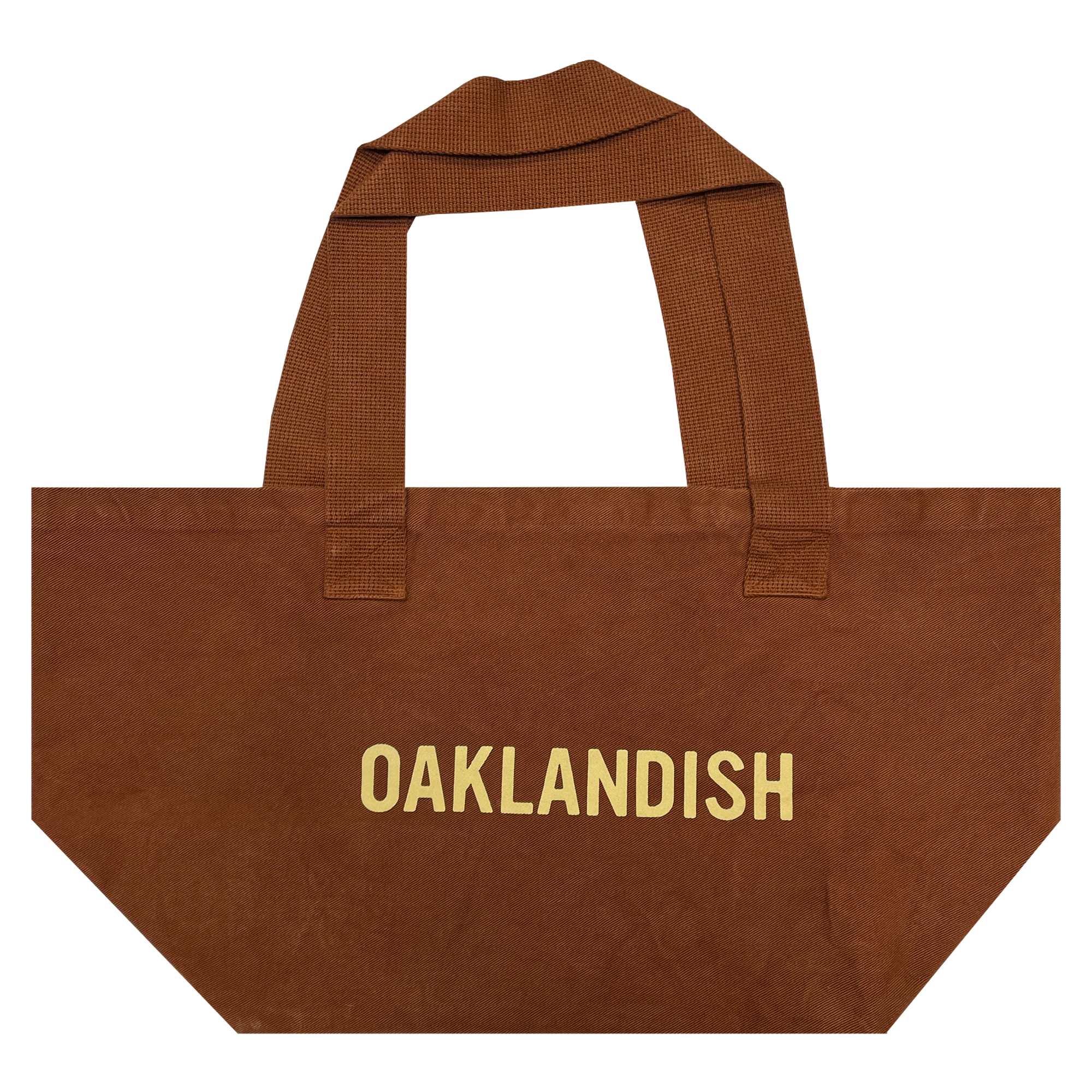 Front view of Ginger shopping tote with Oaklandish wordmark in creme ink creme ink.