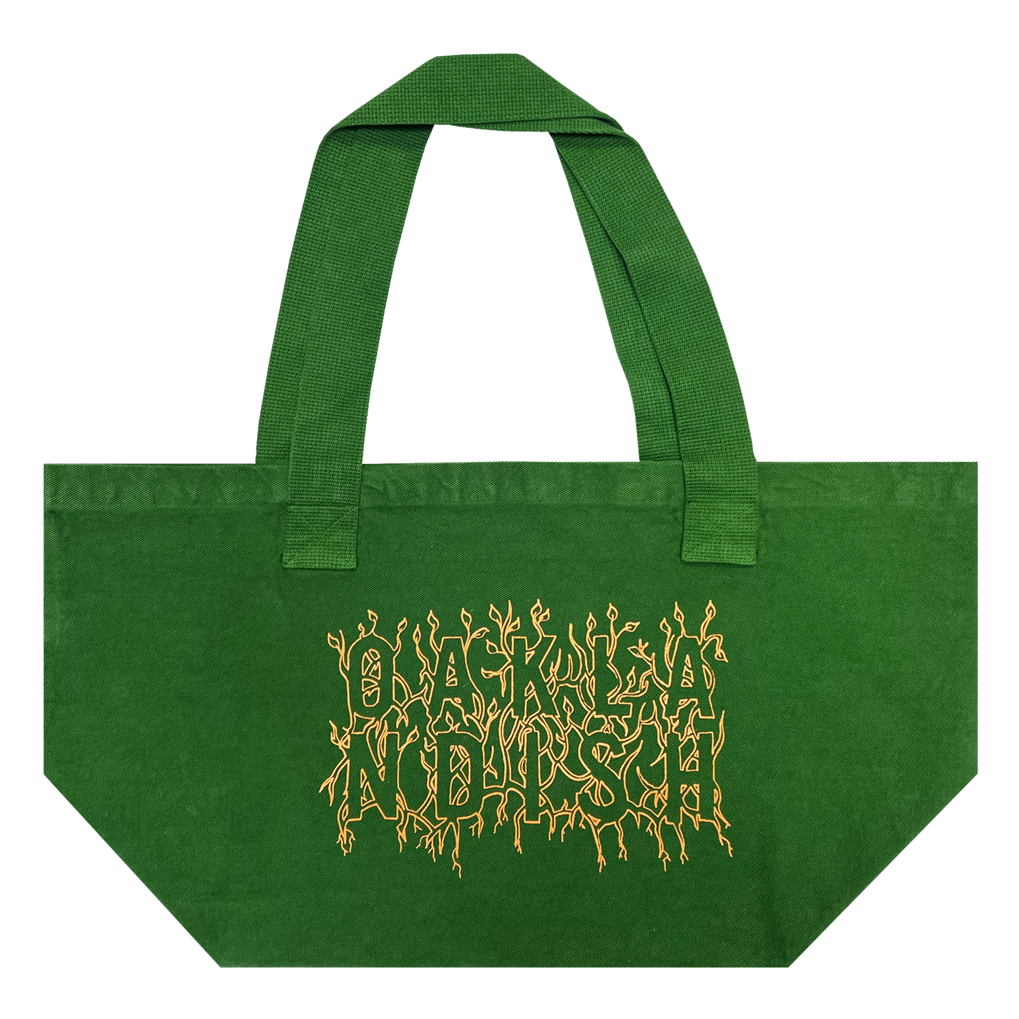 Front view of vintage green shopping tote with creme ink and Oaklandish wordmark surrounded by stems and vines. 