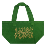Front view of vintage green shopping tote with creme ink and Oaklandish wordmark surrounded by stems and vines. 